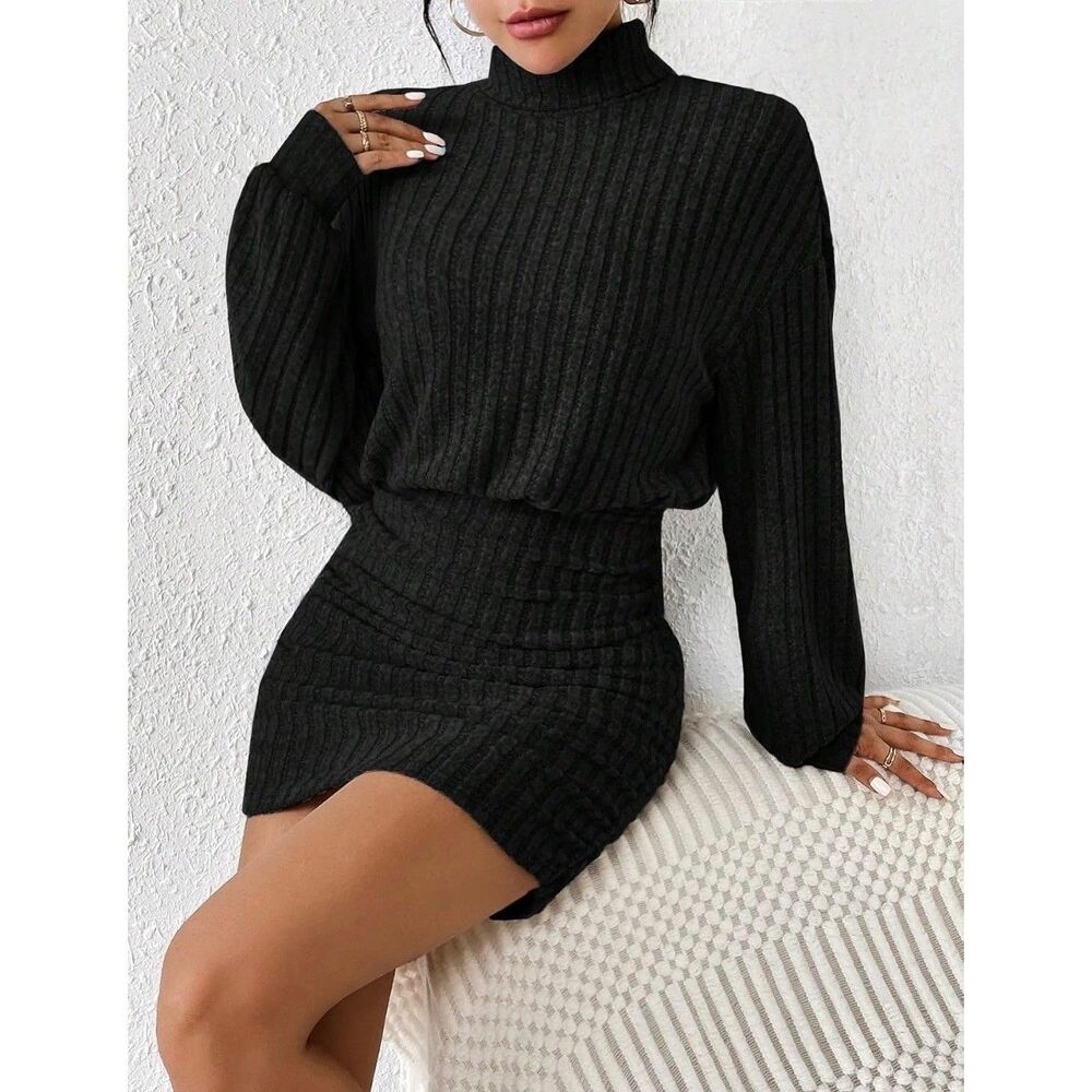 COMMENSE Black Mock Neck Ribbed Ruched Long Sleeve Mini Sweater Dress M NWT